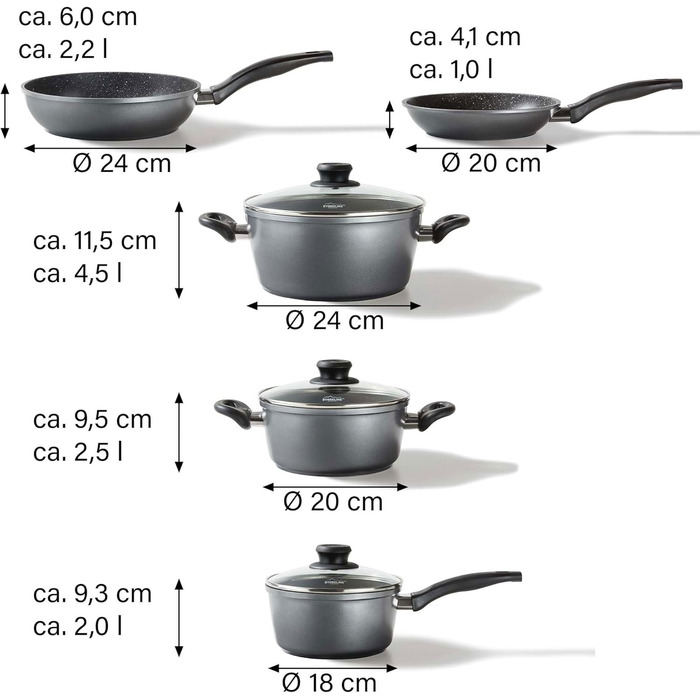 STONELINE Cookware Set Induction, 8-piece cookware set with lids, saucepan set coated with real stone particles, aluminum cast cookware and frying pans suitable for all types of cooktops