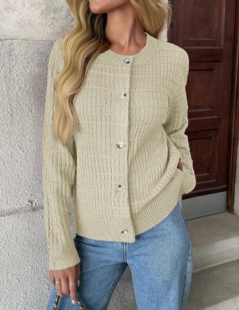 Жакет Zeagoo з довгими рукавами, кардиган з круглою шиєю, в'язаний жакет на ґудзиках, відкритий спереду, елегантний в'язаний светр для жінок (M, пісочний)