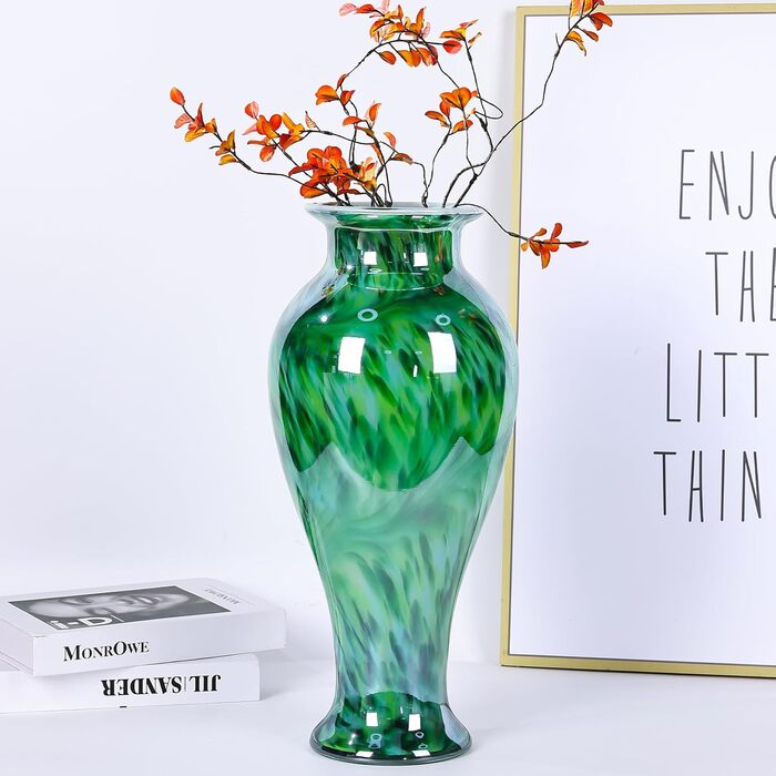 Висока скляна ваза 50,8 см, смарагдово-зелена, ручної роботи, для дому та декору, велика ваза для вітальні, сучасний дизайн