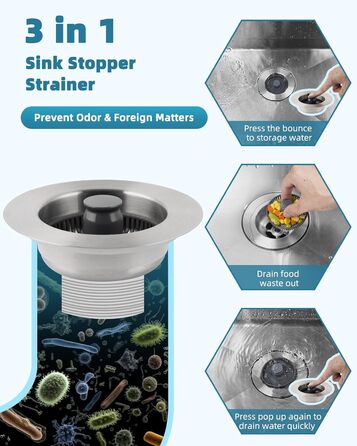 2 Pieces – 3-in-1 Kitchen Sink, Pop-Up Strainer #304, Stainless Steel, Drain Strainer with Handle Rod for US Standard 8.9cm Drain Filter, Clog-Free and Easy to Clean