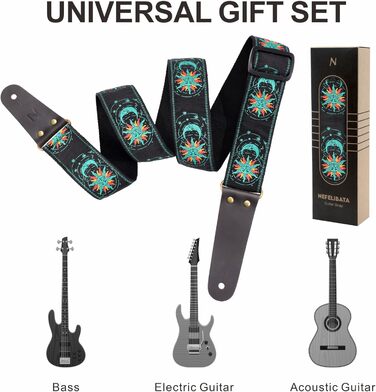 Гітарний ремінь Nefelibata, вишитий бавовняний ремінь з шкіряними кінцями, для бас-гітари, електро- та акустичної гітари, безкоштовний фіксатор, 1 пара замків, 4 шт. (Зелене сонце та місяць)