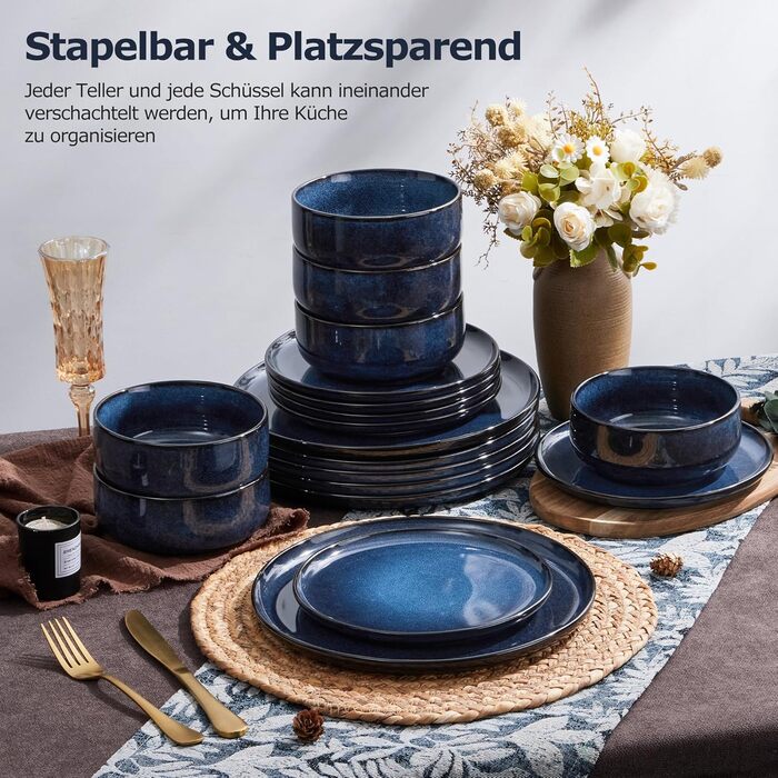 Набір посуду Onader на 6 осіб (18 предметів) - Тарілки, миски, десертні тарілки, кераміка, блакитний, для миття в посудомийній машині