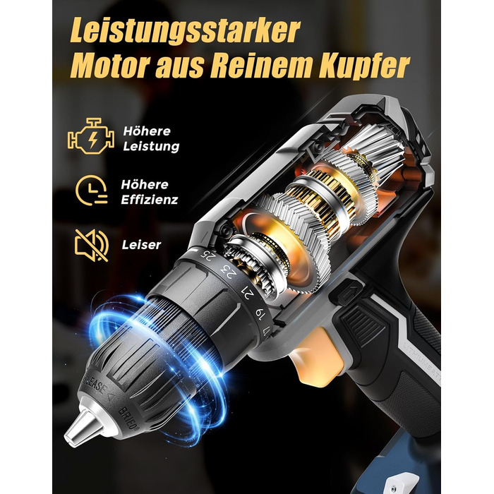 Акумуляторний шуруповерт/дрель 20V, 56 шт. в наборі, 42Nm, LED-підсвітка, сірий колір, для ремонту та DIY-проєктів