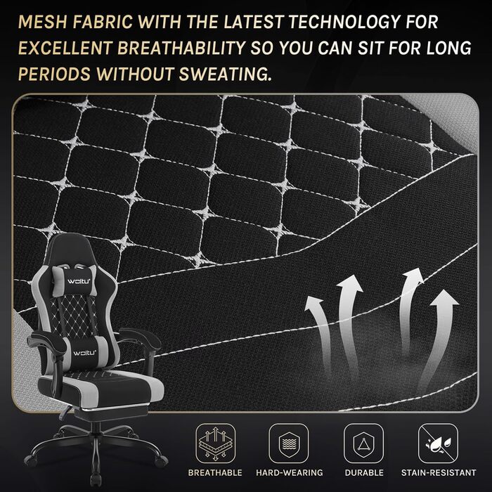WOLTU Gaming Chair with Massage Function, Computer Chair with Pocket Spring Cushion, Ergonomic Gamer Recliner, Swivel Chair with Headrest, Lumbar Pillow, Footrest, Mesh Fabric, Black+Grey, GS15szg Black+grey Mesh Fabric