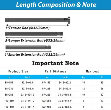Штанга для душу з нержавіючої сталі, телескопічна, без свердління, 85-265 см, для душу та ванни, чорний колір