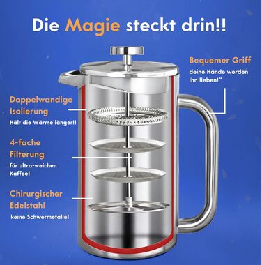 Френч-прес Ziruma 1 літр: нетоксичний, з нержавіючої сталі, з подвійними стінками та термосистемою
