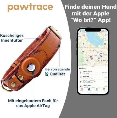 PawTrace Airtag Dog Collar Leather. Durable collar made of genuine leather compatible with Apple AirTag. More comfortable protection for small & large dogs. GPS dog band in brown. Adjustable (XS) XS (circumference 25-33cm)