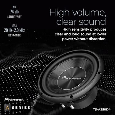 Сабвуфер Pioneer TS-A250D4 25 см, 1300 Вт, 2x4 Ом, подвійна котушка, для корпусного монтажу, чорний, IMPP мембрана, 400 Вт RMS