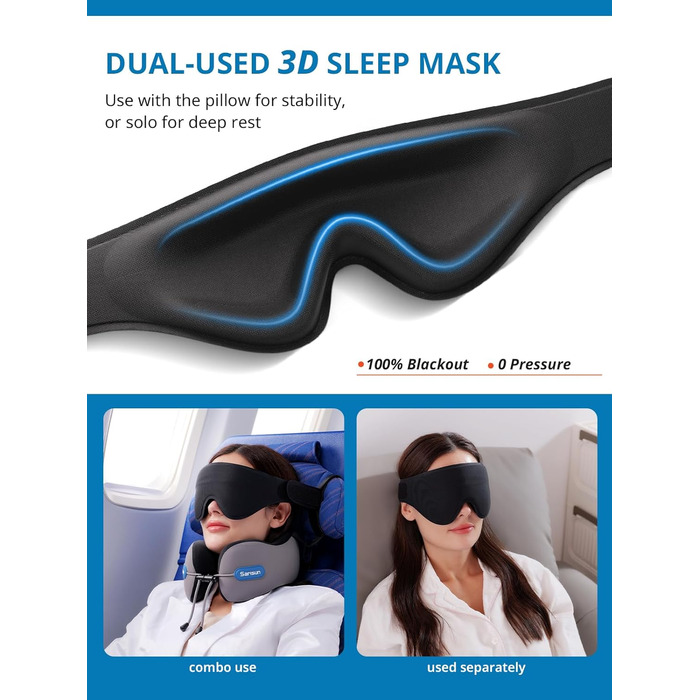 Подушка для шиї у літак Travel Pillow, подушка для подорожей з ременем та 3D-маскою для сну, Memory Foam, чорна
