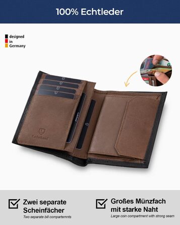 iClassy High-Quality Wallet - Handmade Genuine Leather Wallet, Double-Stitched Portemonnaie (Card Holder) with Coin Pocket and Space for 13 Cards + 1 See-Through Pocket - Gift | (Black/Brown)