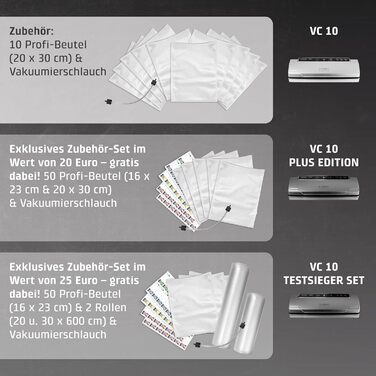 Вакуумний пакувальник CASO VC10 - для зберігання продуктів до 8 разів довше, міцна швейна лінія 30 см, в комплекті 10 професійних фольгованих пакетів