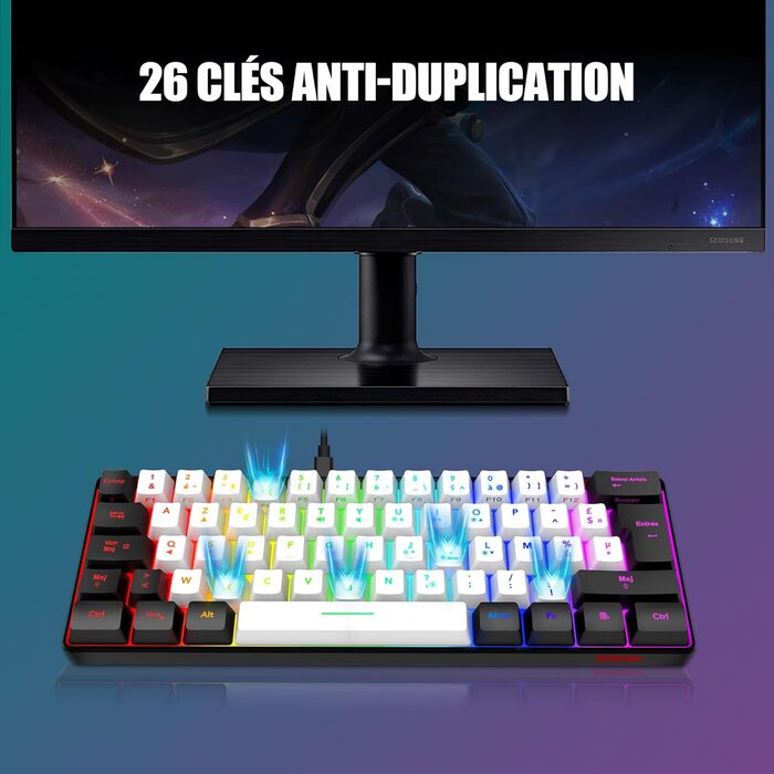 RedThunder K62 Бездротова ігрова клавіатура та миша, RGB, AZERTY, 62 клавіші, міні, для PC PS5 (Біло-Чорний)