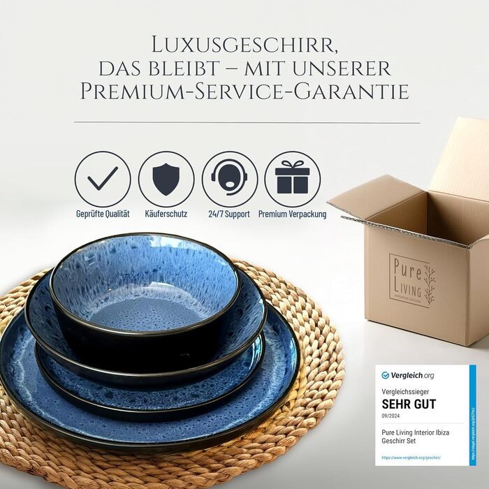 Набір посуду Steingut Ibiza 24 шт. для 6 осіб - глибоке синій колір, Pure Living, TESTSIEGER