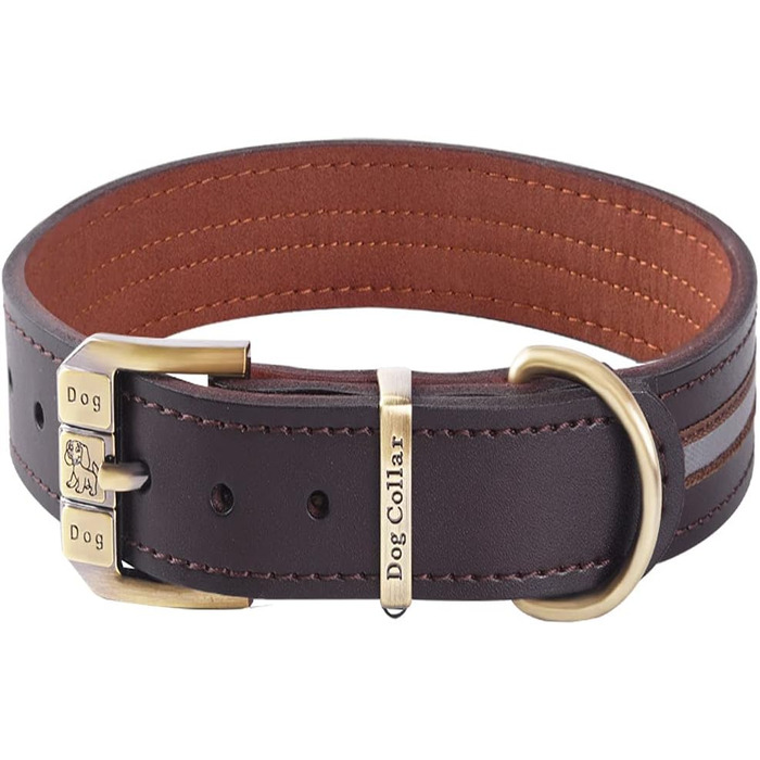 Шкіряний нашийник для собак з відбиваючим ефектом, регульований, м'який, з підкладкою, для маленьких, середніх та великих собак (Колір: Коричневий, Розмір L (46-56 см))