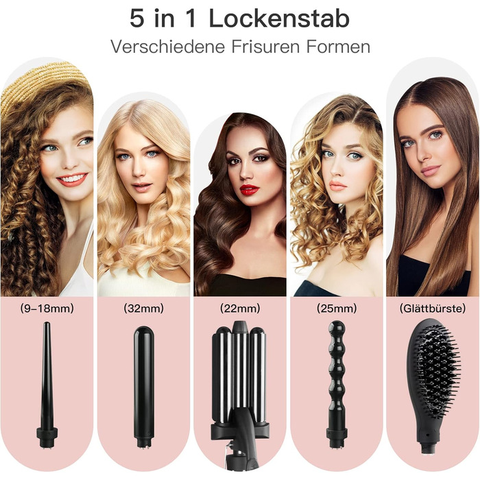 Набір для створення локонів 5 в 1 з насадками, кермаміка-турмалін, плойка-щітка, LED дисплей, для всіх типів волосся