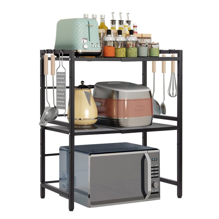 Підставка для мікрохвильової печі Todeco, 3-рівнева, регульована, з 6 гачками, чорна, до 25 кг, 36-60 x 36 x 44 см