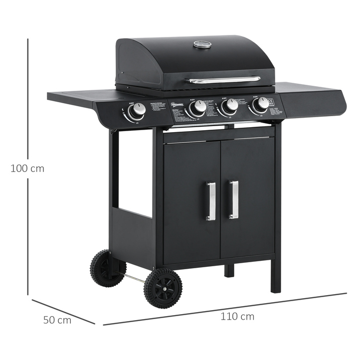 Газовий гриль Outsunny BBQ з коліщатками та 3 пальниками та 1 бічним пальником, редуктор та шланги, багатофункціональний, сталь, чорний, 110x50x100 см