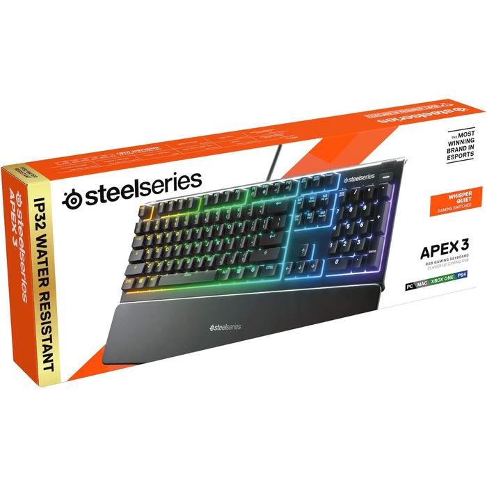 Клавіатура SteelSeries Apex 3 - ігрова з RGB-підсвічуванням та магнітною підставкою для зап'ястя (QWERTZ)