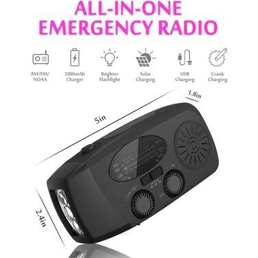 Радіо Solar Radio на сонячній енергії з ручним генератором, AM/FM, аварійне радіо з повербанком 2000mAh, LED ліхтарик, USB зарядка для телефону, чорне - для кемпінгу та активного відпочинку