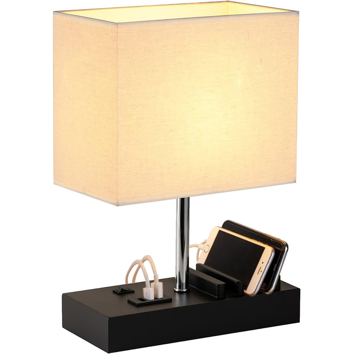 Настільна лампа Dreamholder з 3 USB-портами (A+C), підставкою для телефону, для спальні, вітальні, офісу, з натуральним дерев'яним цоколем та тканинним абажуром (чорний цоколь)