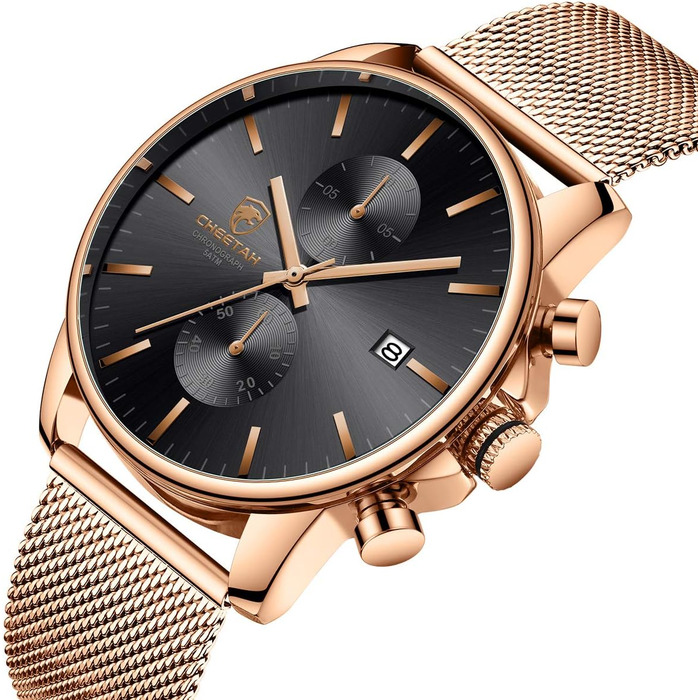 Чоловічий годинник на браслеті Mesh, кварц, аналоговий, чорний, з нержавіючої сталі, водонепроникний, хронограф, автоматична дата, Rose-gold (Рожеве золото)