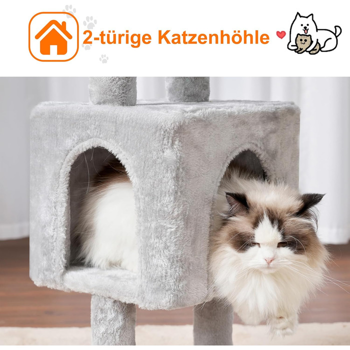 Котячий будиночок Heybly Kratzbaum: висота 100 см, котячий комплекс з платформою, печерею, 2 гамаками та іграшками. Активний котячий будиночок HCT006SG (світло-сірий)