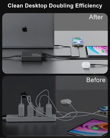 Зарядний пристрій USB 6 портів з LCD екраном, GaN швидка зарядка USB-C, сумісний з MacBook, iPad, iPhone 16/15/14/Pro/Max, Samsung Galaxy S23 (Чорний)