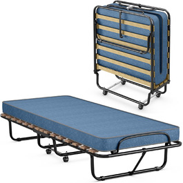 COSTWAY Гостьове ліжко 80x190 см з матрацом з memory foam, складане односпальне ліжко, металевий каркас до 130 кг, ліжко-трансформер на колесах, для вітальні/гостьової кімнати, блакитне