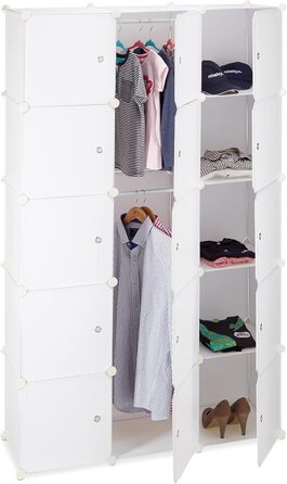 Relaxdays Clothes Rack System with 11 Compartments, Wardrobe with 2 Clothes Rails, DIY Plastic Plug-in Shelf, White