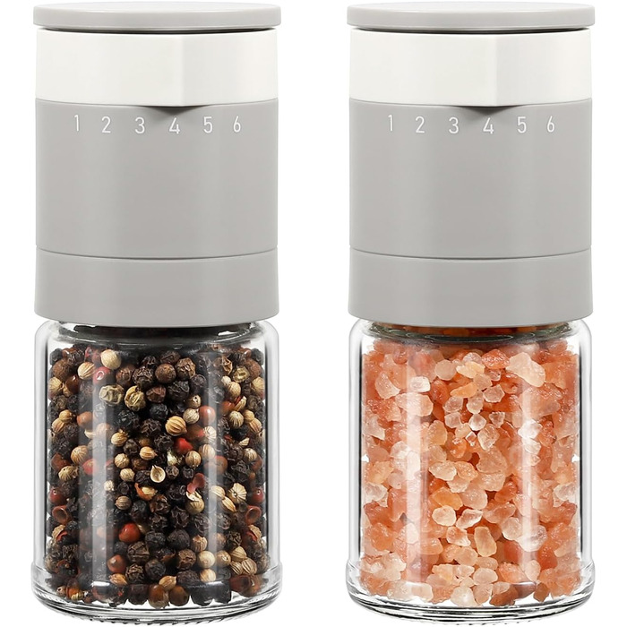 Набір з 2 мельниць для солі та перцю Vucchini з керамічним механізмом, регулювання помелу, сірий та білий колір