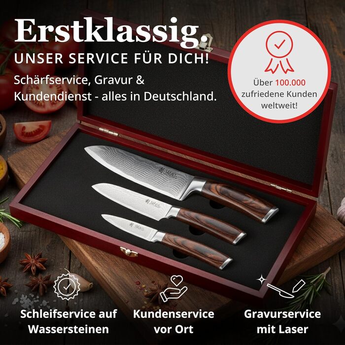 Набір кухонних ножів Wakoli EDIB Damast VG10 (3 шт.) в дерев'яній подарунковій коробці - гострі, ергономічні, з ручками Pakkawood