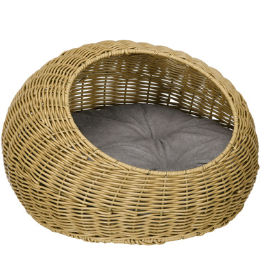 PawHut Rattan Cat Basket Cat House with Cushion for Cats up to 4 kg, Indoor Cat Cave made of PE Rattan, Ø50 x 31 cm, light brown for cozy retreats