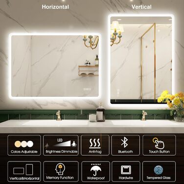 Дзеркало для ванної кімнати зі підсвічуванням STARLEAD 100x70 см, Bluetooth, антизапар, регулювання яскравості, 3 кольори світла, функція пам'яті, IP44, LED, горизонтальне/вертикальне, HD скло, Madrid Silver (Bluetooth)