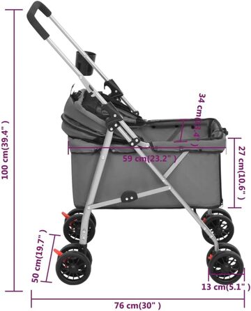 Візок для собак VidaXL, складаний, 76x50x100 см, сірий, Oxford-тканина