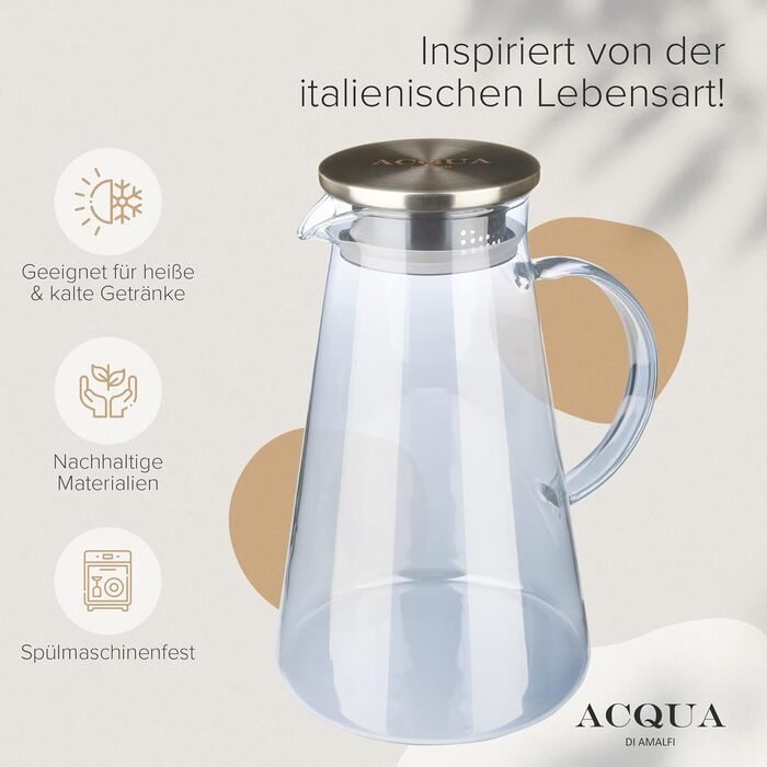 ACQUA DI AMALFI® Glass Carafe | Water Carafe 2 Liter with Stainless Steel/Bamboo Lid | Water Jug with Fruit Infuser | Leak-Proof | Carafe also as a Teapot (BLUE/BAMBOO)