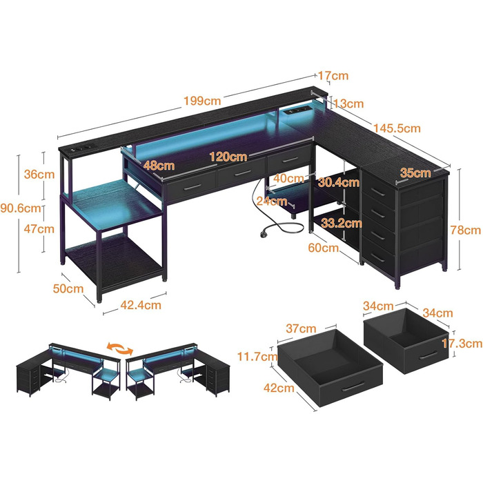 Ігровий стіл Coleshome з 7 висувними ящиками та великим об'ємом зберігання, 199.5×145.5 см, кутовий стіл з RGB LED підсвічуванням, реверсивний L-подібний стіл з 2 розетками, ідеальний для офісу та геймінгу, чорний, 199.5×145.5 см