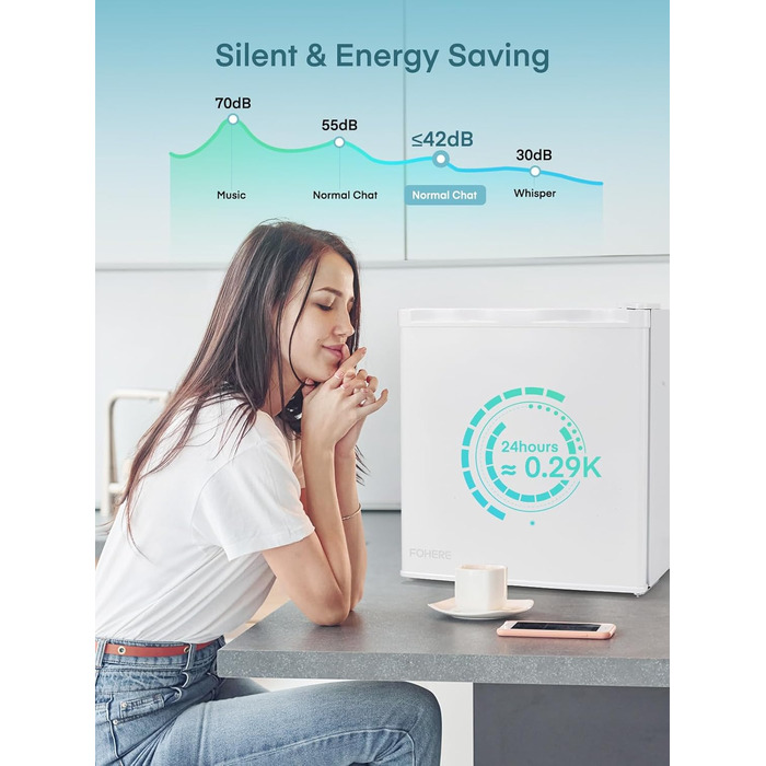 Міні холодильник FOHERE 46L з відділенням для льоду | Компактний холодильник з регулюванням температури, енергозберігаючий, тихий | Ідеальний для офісу, кемпінгу та геймінгу | Змінний бік відкривання дверцят | Білий