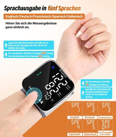 Цифровий тонометр WADEO на зап'ясті, оголошення 5 мовами, виявлення аритмії, портативний тонометр для дому та в дорогу, 2 x 99 пам'ять, з батарейками та коробкою для зберігання, білий