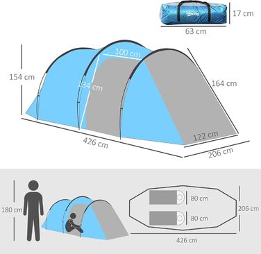 Намет Outsunny Tunnel для 2-3 осіб, сімейний кемпінговий намет з тамбуром, водонепроникний (2000 мм), блакитний