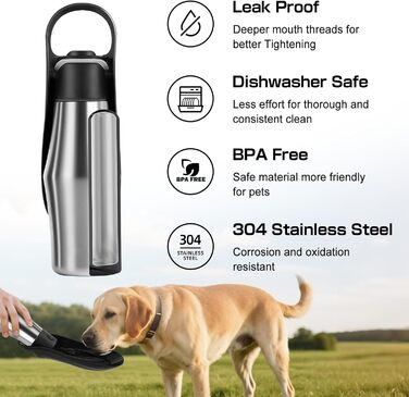 Водяна пляшка для собак на прогулянці: не протікає, з нержавіючої сталі, 750 мл (Чорний)
