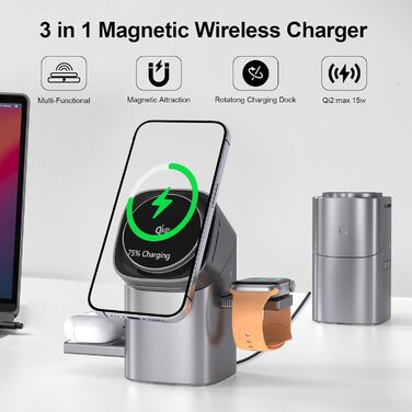 Зарядна станція QI2 3-в-1: бездротовий зарядний пристрій для iPhone, AirPods, iWatch з охолодженням та тримачем, 33W адаптер, срібний