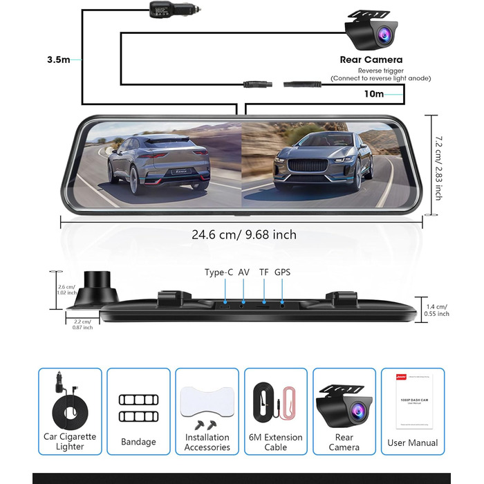 Дзеркало-відеореєстратор з камерою заднього виду Dual 1080P, 10
