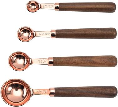 FBHappiness Measuring Spoon, Measuring Spoon with Walnut Handle, Copper-Plated Measuring Spoon, Measuring Cup Set, Kitchen and Baking Utensils (Gold, Measuring Spoons, 4 Pieces) (Golden Measuring Spoons, 4 Pieces)