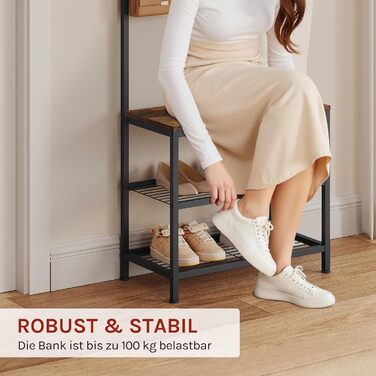 WOLTU Coat Rack Clothes Rail Laundry Rack Shoe Rack with Seat, with 7 Hooks, Made of Wood and Steel, Hanging Shelf, Black Vintage (Black + Rustic Brown)