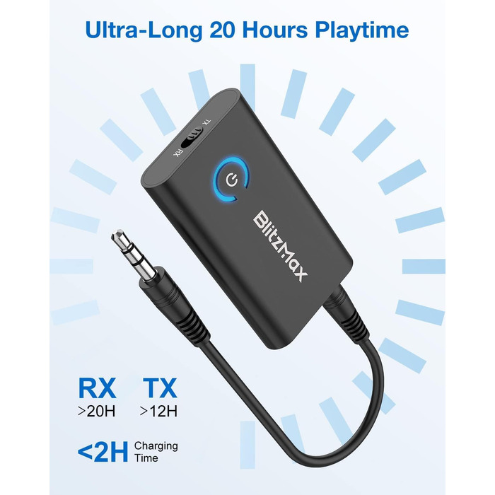 BlitzMax Bluetooth 5.2 Передавач/Приймач Bluetooth, 2-в-1 Аудіо Адаптер, Mini 3.5mm, Портативний, Dual Link для ПК, TV, Авто, Авіації та Динаміків