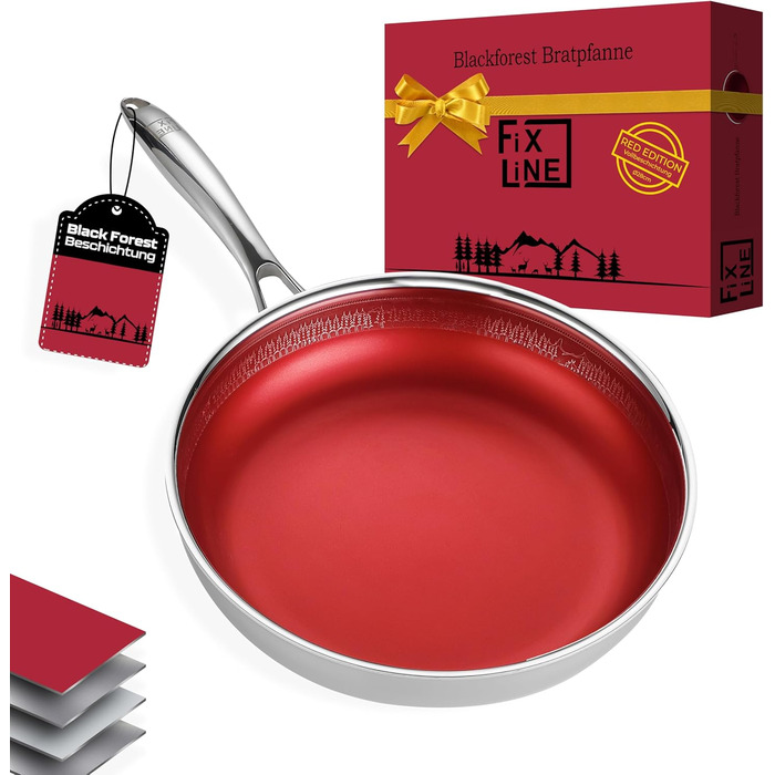 FIXLINE Black Forest Non-Stick Fry Pan - 28cm - RED Design - PTFE-Free - Compatible with All Cooktops (Including Induction) - Oven Safe up to 250°C - Easy to Clean - Ideal Gift