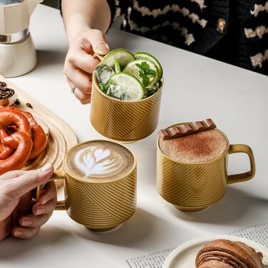 Набір кавових чашок з підставкою: 4 шт., 370 мл, кераміка, для лате/капучино, кольорові, Senfgelb