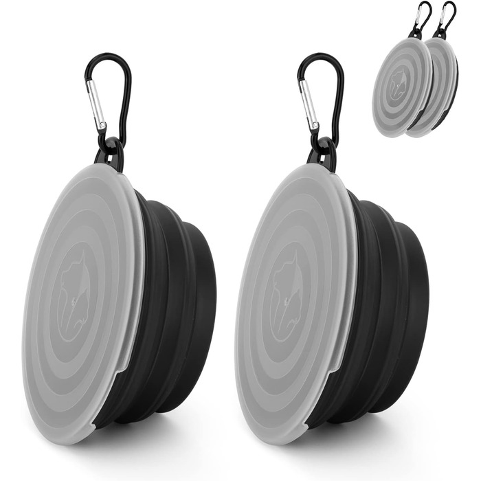 Складані годівниці для собак SLSON, 2 шт., з кришкою та карабінами, для прогулянок, подорожей та повсякденного використання, чорний, маленькі