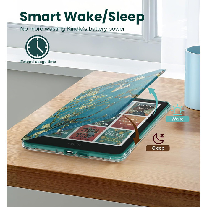 Чохол для Kindle Paperwhite 12 (2024) та Kindle Colorsoft (2024/2025) MoKo з магнітною застібкою, захистом від подряпин та авто-активацією/деактивацією екрану, колір: абрикосовий квітковий