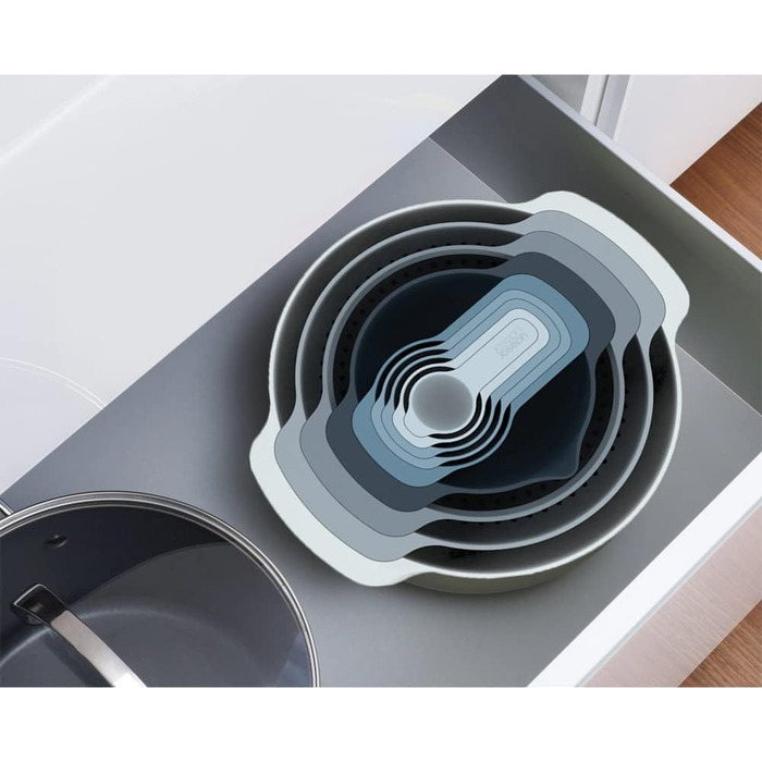 Joseph Joseph Nest 9 Plus 9-Piece Nesting Set with Large and Small Mixing Bowls, Colander, Sieve, 5 Measuring Cups, Sky Blue